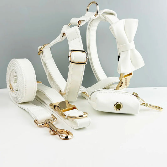 White Leather Harness Leash Set